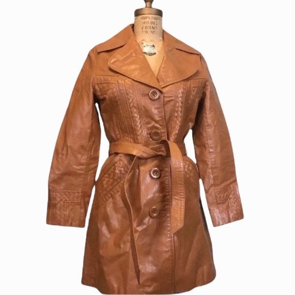 Vintage Jackets & Blazers - Vintage Braided Lined Leather Coat in Brown